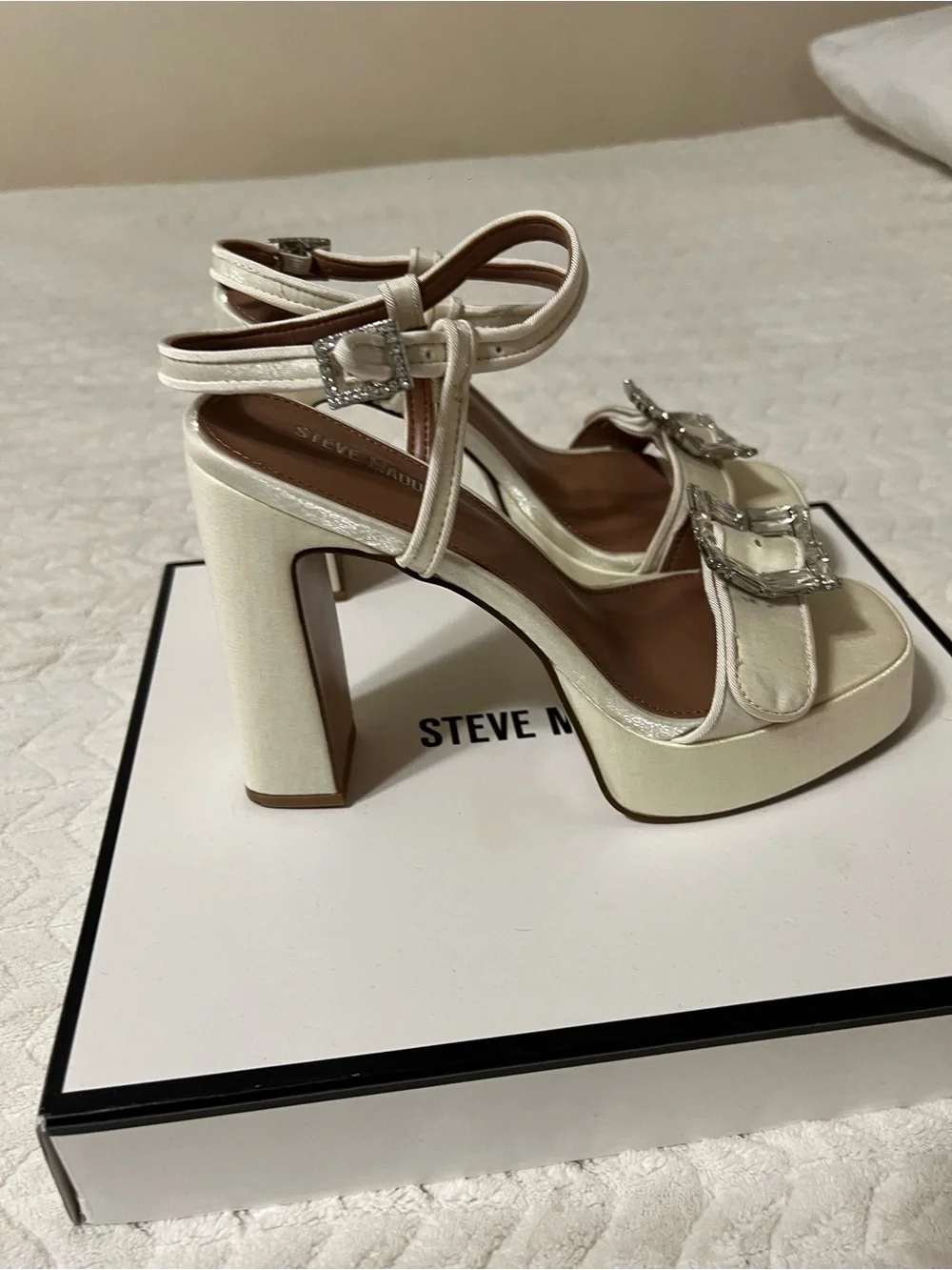 Steve Madden Ivory Satin Block Heel Sandals with Crystal Buckle